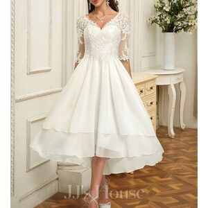 JJs House Elegant Ivory Lace High-Low Dress